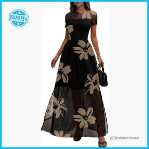 Floral Mesh Maxi Dress High Waist Slit Elegant Boho Summer Formal Cocktail